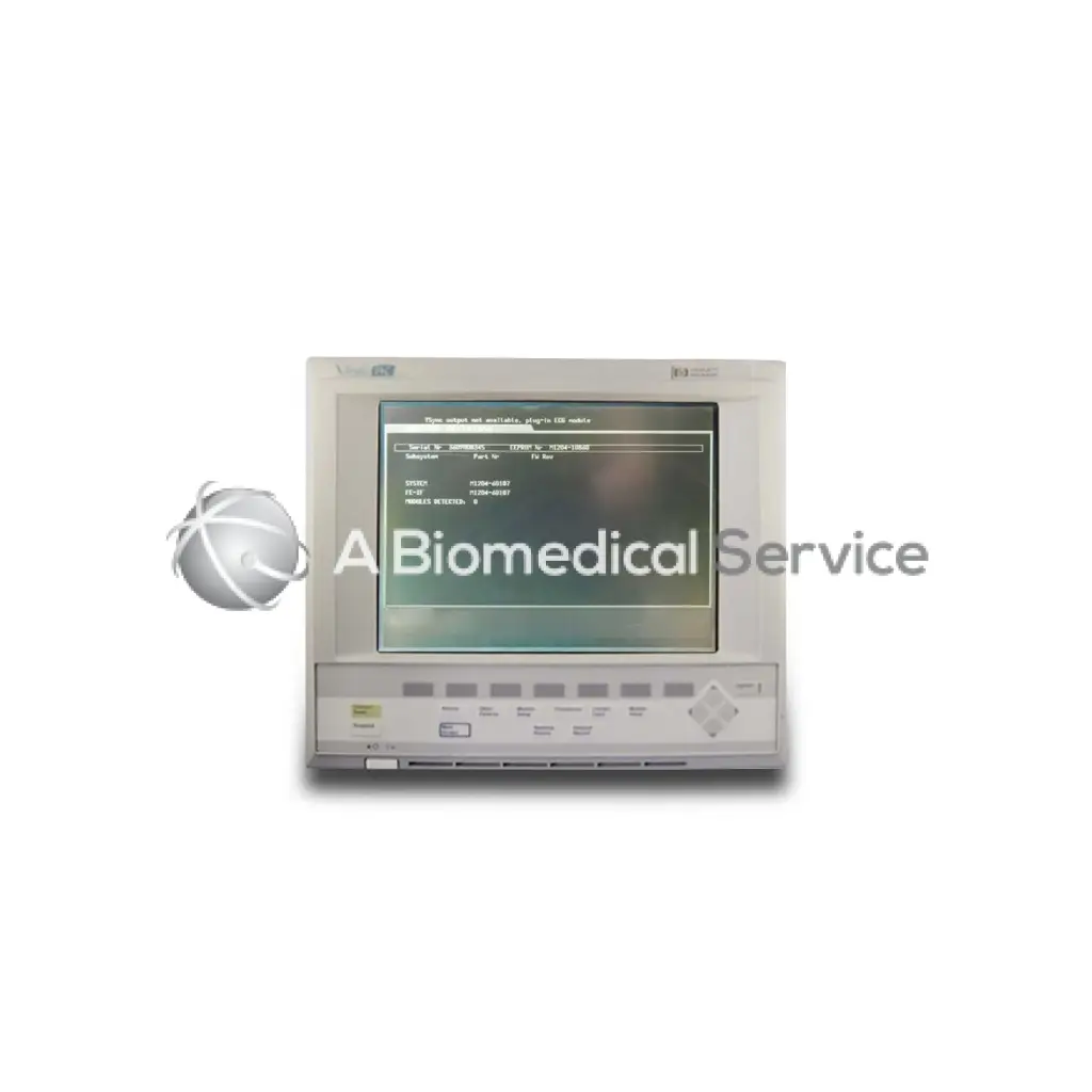 Gray philips m1204 series monitor with screen displaying diagnostic data and control buttons below for medical use