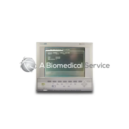Gray philips m1204 series monitor with screen displaying diagnostic data and control buttons below for medical use