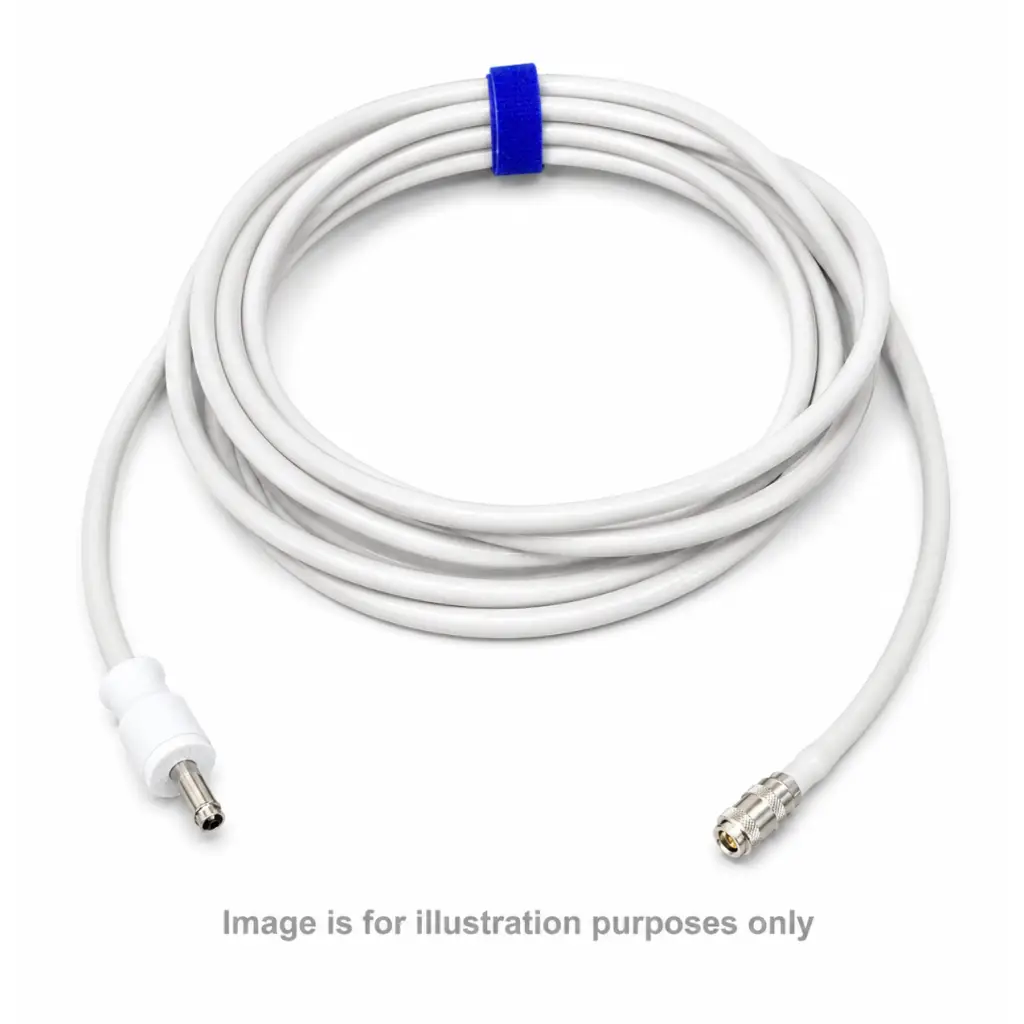 White coiled air hose with white and silver connectors secured by blue band for philips m1599b adult nibp use