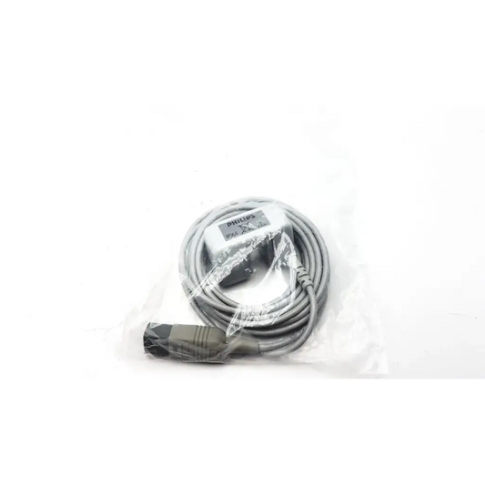 Gray philips m2501a mainstream etco2 sensor cable with white connector and black plug wrapped in clear plastic packaging