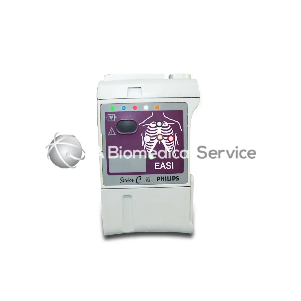 White philips m2601a ecg telemetry transmitter with purple display panel showing chest electrode placement and indicator lights