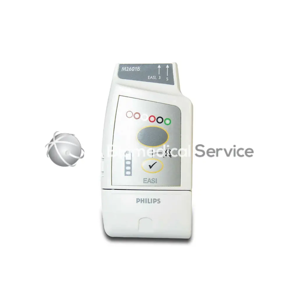 White Philips M2601B ECG telemetry transmitter with gray control panel featuring colored indicator lights and buttons