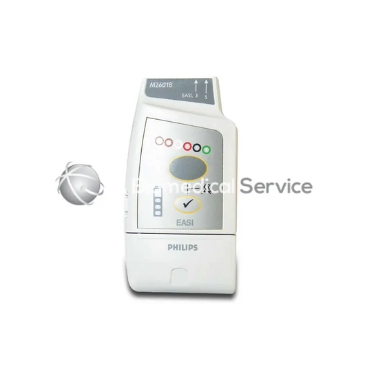White Philips M2601B ECG telemetry transmitter with gray control panel featuring colored indicator lights and buttons