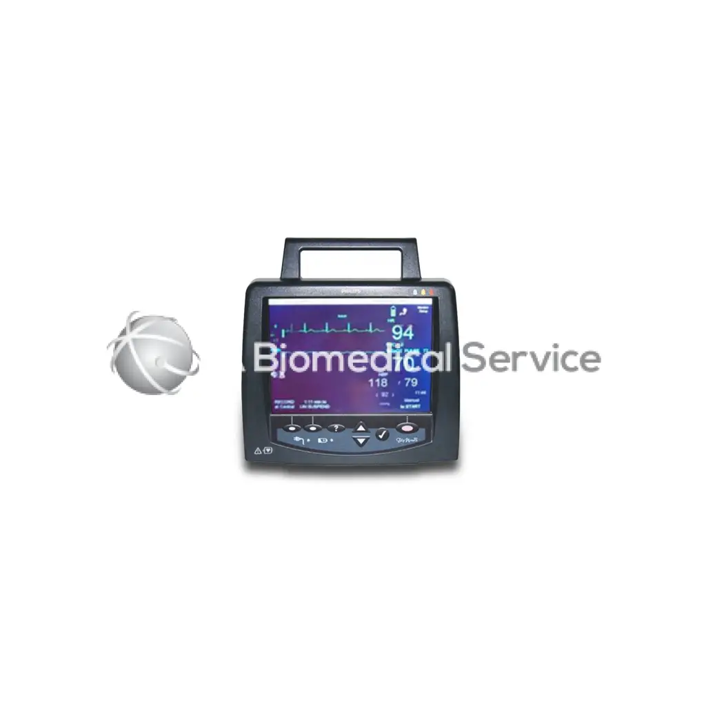 Black handheld patient monitor philips m2636b telemon with touchscreen displaying vital signs and control buttons below