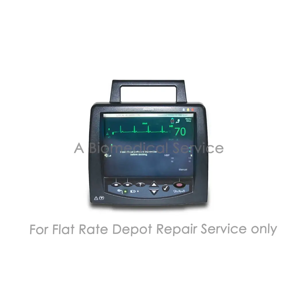 Black philips m2636b telemon patient monitor with green ecg display showing heart rate for medical equipment repair service