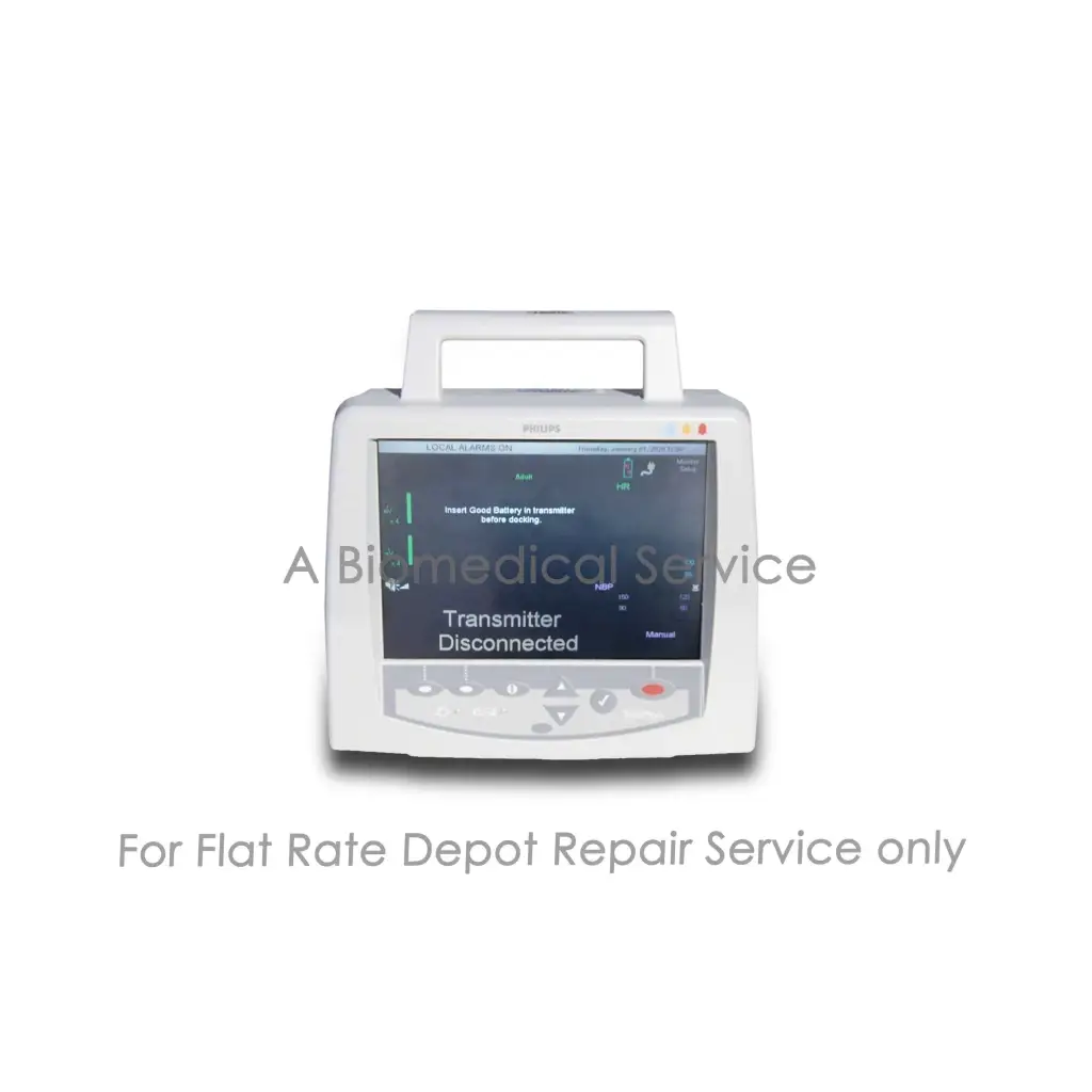 White philips m2636c telemon portable cardiac monitor with touchscreen showing transmitter disconnected for repair service
