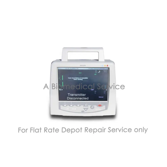 White philips m2636c telemon portable cardiac monitor with touchscreen showing transmitter disconnected for repair service