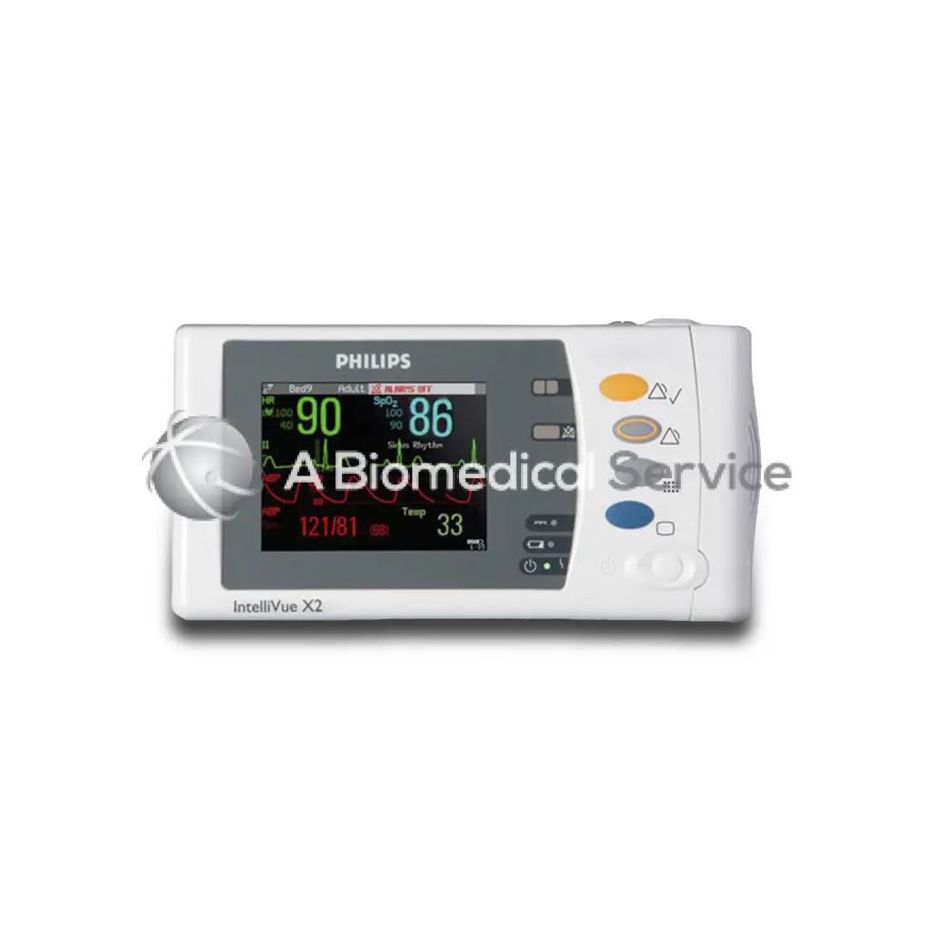 White philips intellivue x2 patient monitor m3002a with digital display showing vital signs and colored waveform graphs