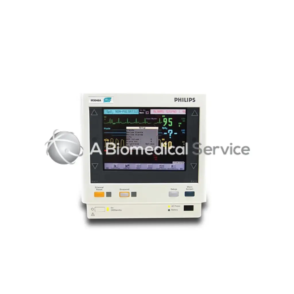 White Philips M3046A M4 patient monitor with digital display showing vital signs and waveform readings