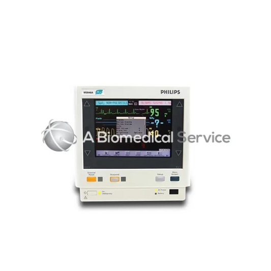 White Philips M3046A M4 patient monitor with digital display showing vital signs and waveform readings