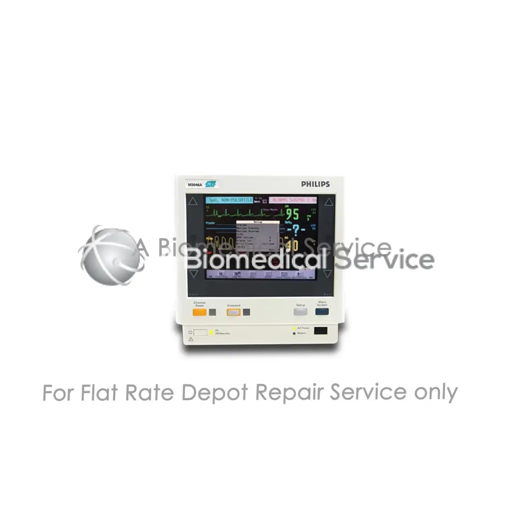 White philips m3046a m4 patient monitor with digital vital signs display and colorful waveforms for medical equipment repair service