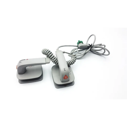 Philips m3543a water resistant gray plastic defibrillator paddles with coiled cables and green connector