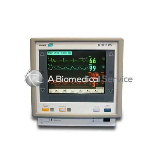 Beige philips m4 series patient monitor m3046a with digital vital signs display in green and red for biomedical service