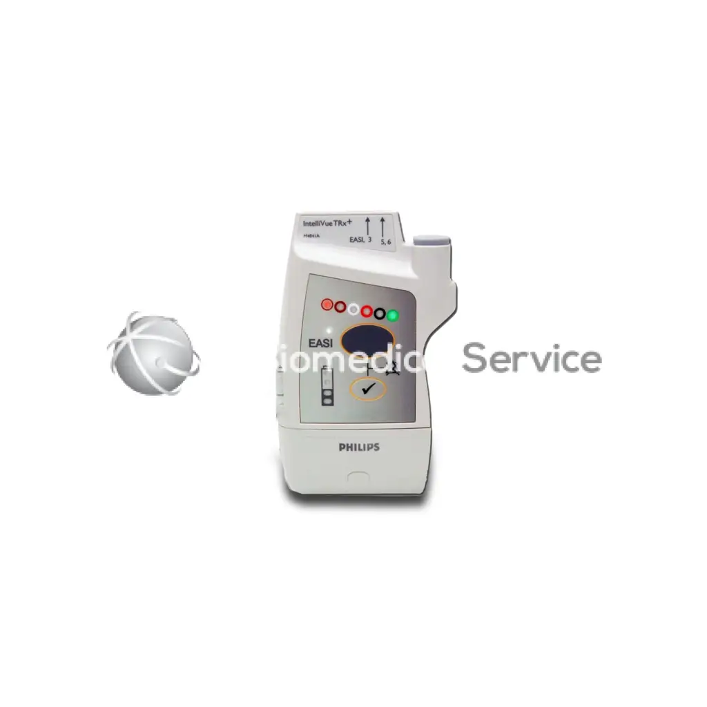 White philips m4841a intellivue telemetry transmitter with gray display panel and colorful indicator lights for medical monitoring