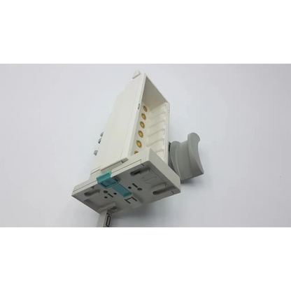 White plastic wall-mounted electrical outlet with gray handle and gold screws on philips m8048a healthcare module rack