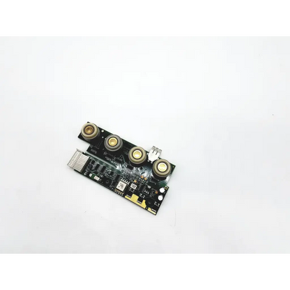 Black electronic circuit board with four gold circular connectors and silver metallic connector for philips module rack board