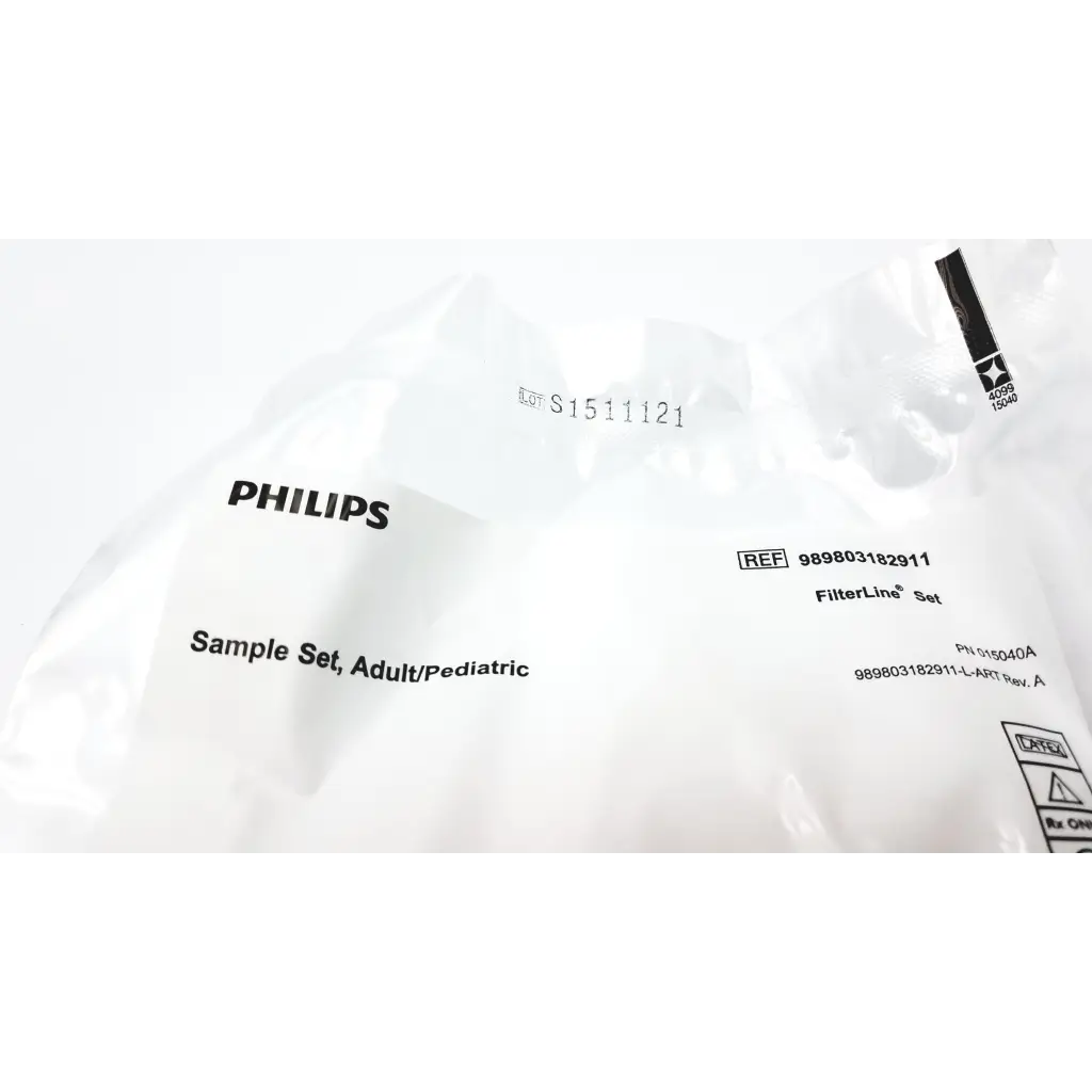 Philips microstream filterline set packaged in clear plastic bag with black text for adult and pediatric use