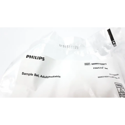 Philips microstream filterline set packaged in clear plastic bag with black text for adult and pediatric use
