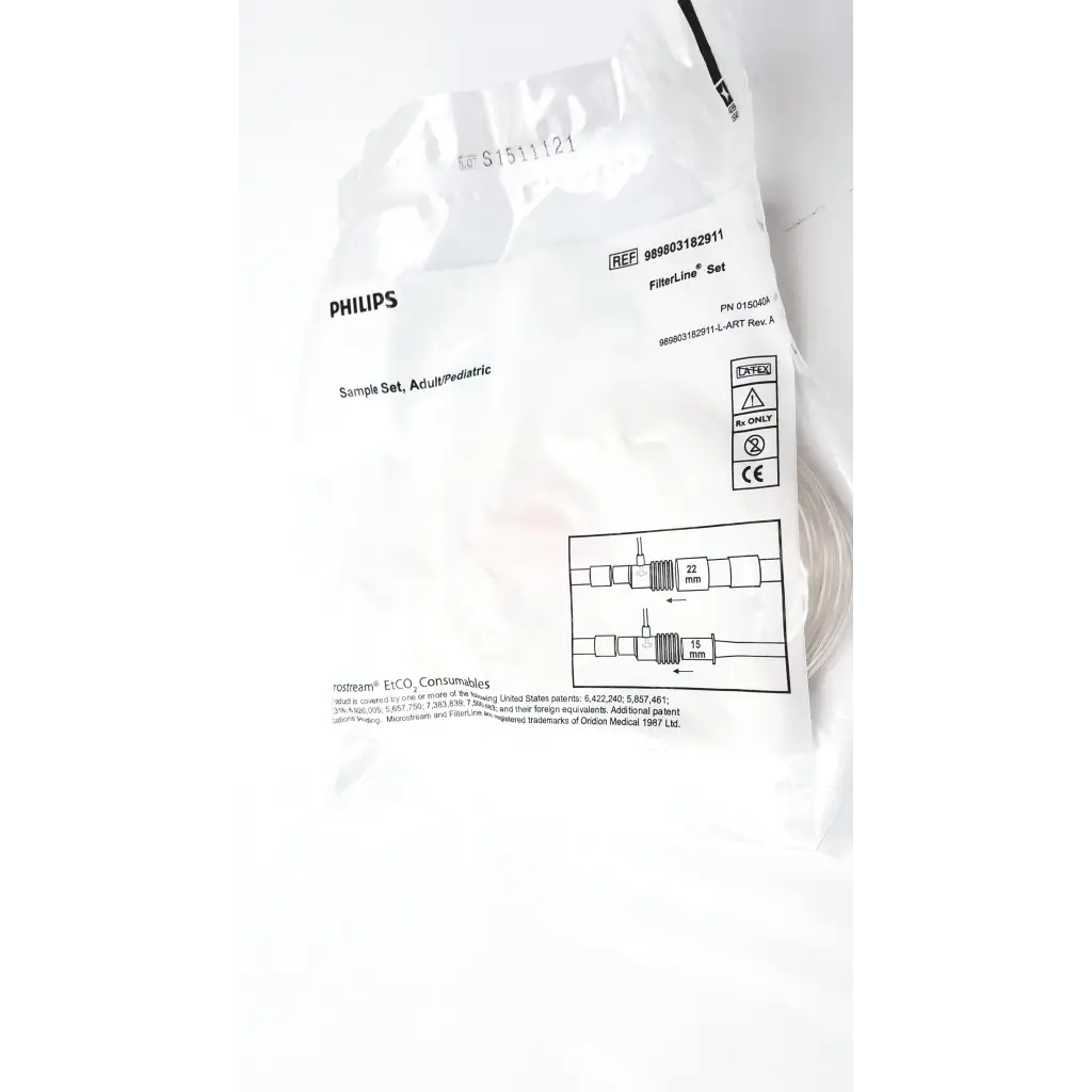 Philips microstream filterline set sample packaging white plastic bag with printed specs for adult and pediatric use