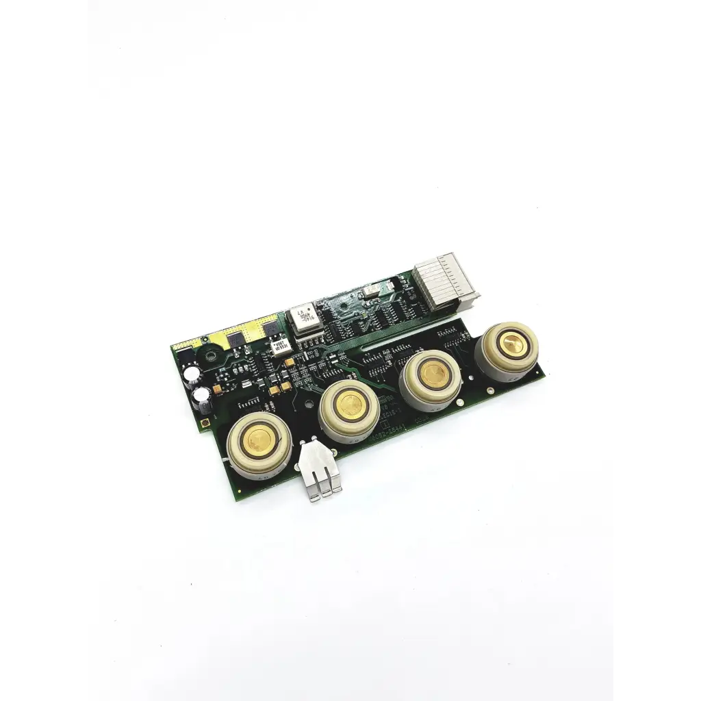 Green circuit board with three gold circular components and silver connector for philips mp50 module rack board