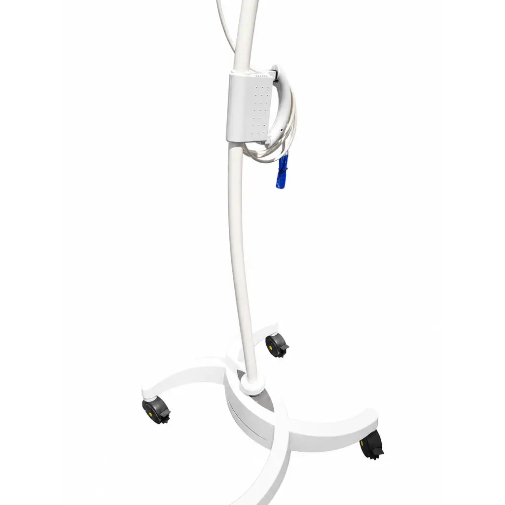 White Philips PercuNav planar field generator stand with black caster wheels and coiled tubing system for medical use