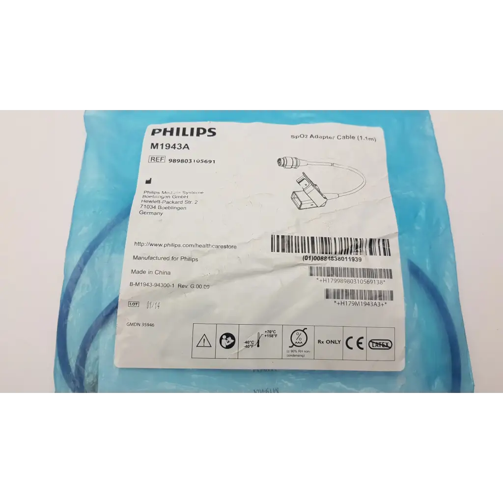 Philips ref m1943a spo2 adapter cable 1.1m long in blue sterile wrap with printed label and barcode details