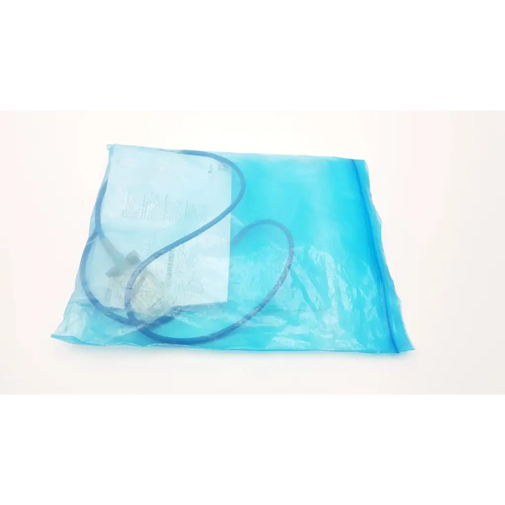 A translucent blue plastic bag containing coiled medical tubing and a white component for philips ref m1943a sp02 adapter cable