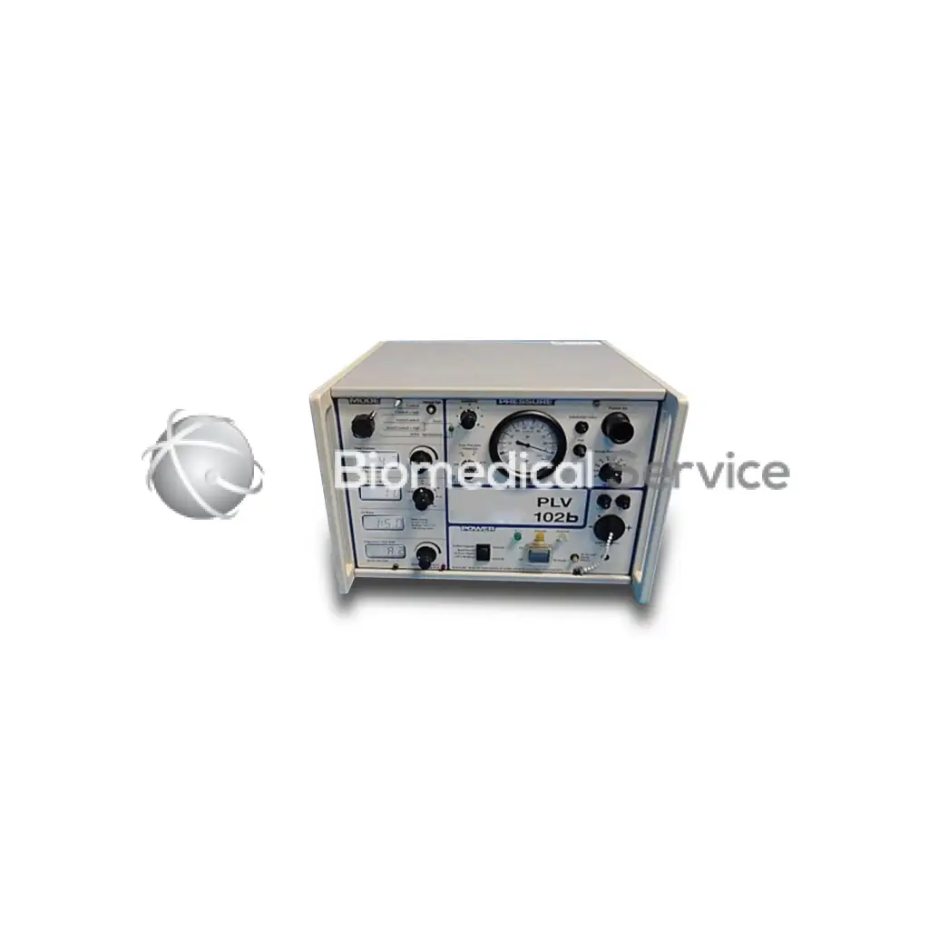 Silver-colored rectangular philips respironics plv 102b ventilator with dials switches and analog gauge on front panel