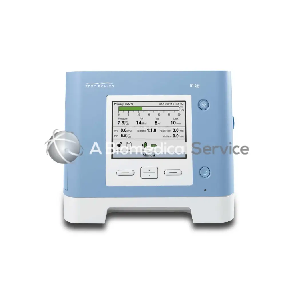 Light blue and white Philips Respironics Trilogy 100 medical ventilator with digital display showing respiratory data