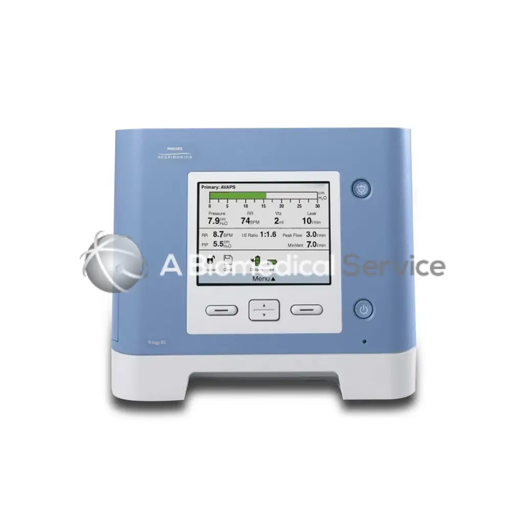 Light blue philips respironics trilogy 202 ventilator with white display screen and control buttons for respiratory support