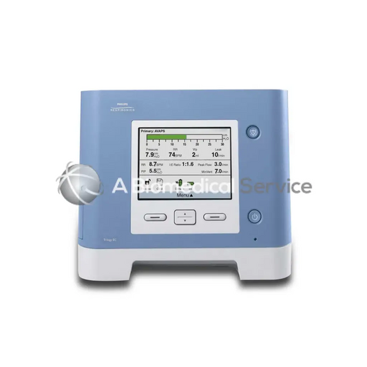 Light blue philips respironics trilogy 202 ventilator with white display screen and control buttons for respiratory support