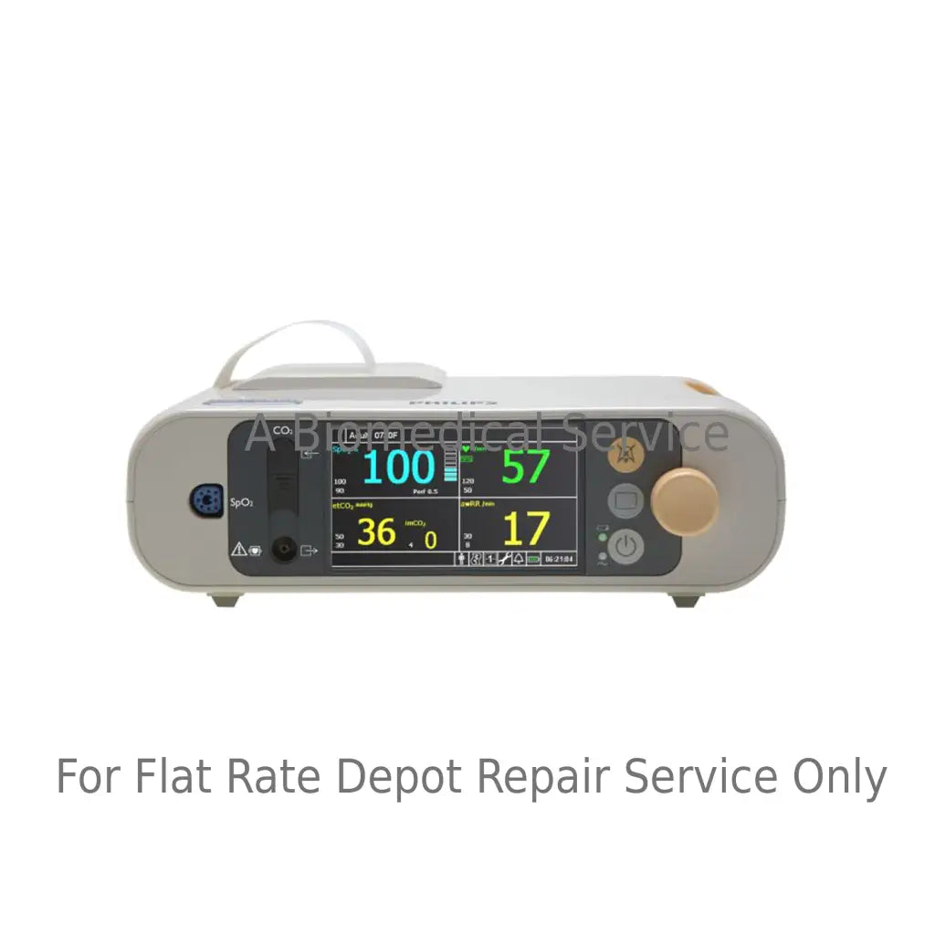 Gray philips sure signs vm1 vital signs patient monitor with digital display showing green and yellow numerals for repair service