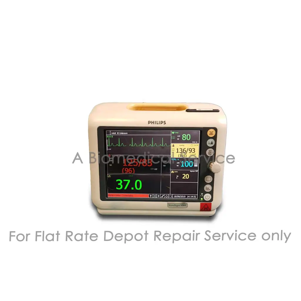 Cream-colored Philips Sure Signs VM4 bedside patient monitor with digital vital signs display for medical equipment repair service