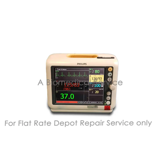 Cream-colored Philips Sure Signs VM4 bedside patient monitor with digital vital signs display for medical equipment repair service