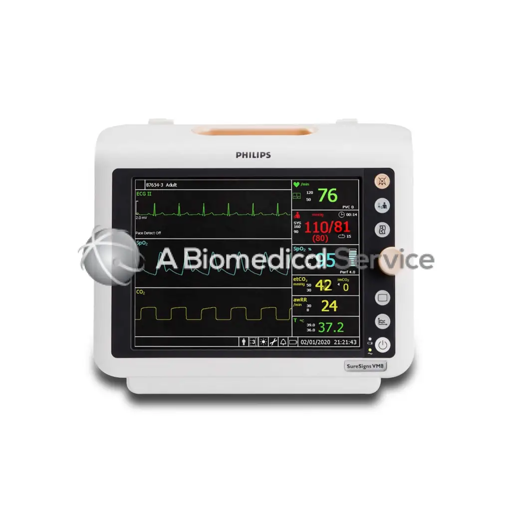 White Philips SureSigns VM8 vital signs monitor displaying green red and yellow waveforms on a black screen