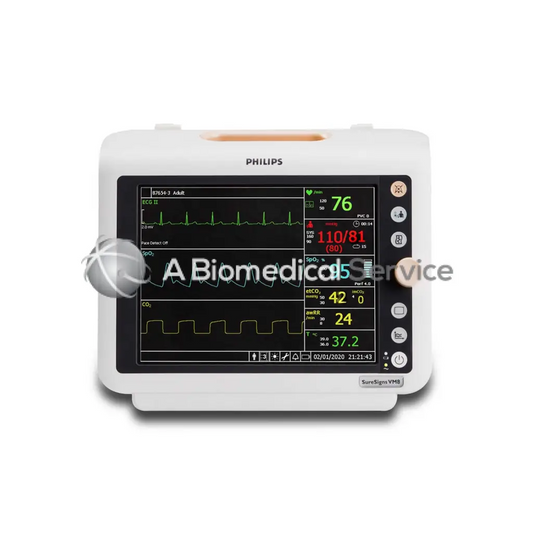 White Philips SureSigns VM8 vital signs monitor displaying green red and yellow waveforms on a black screen