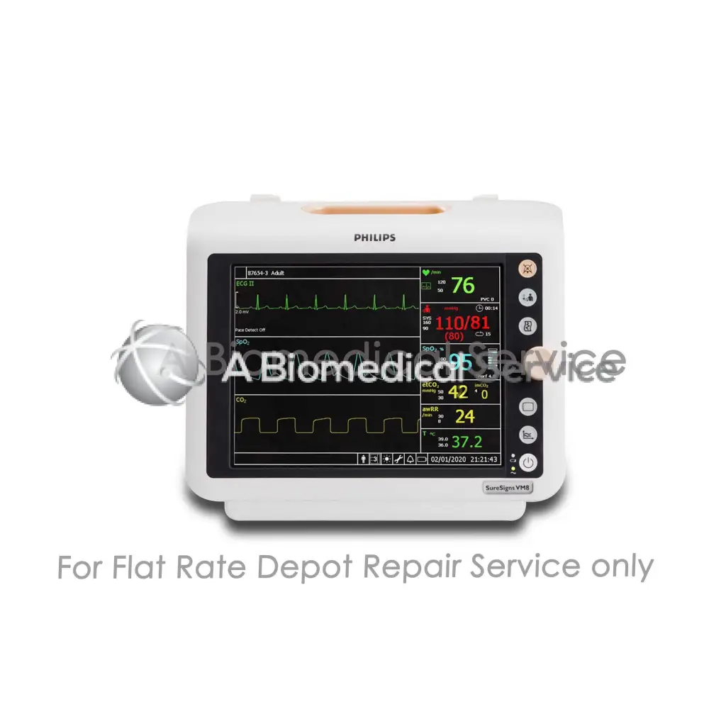 White philips suresigns vm8 patient monitor with black screen showing green and red vital signs for repair service