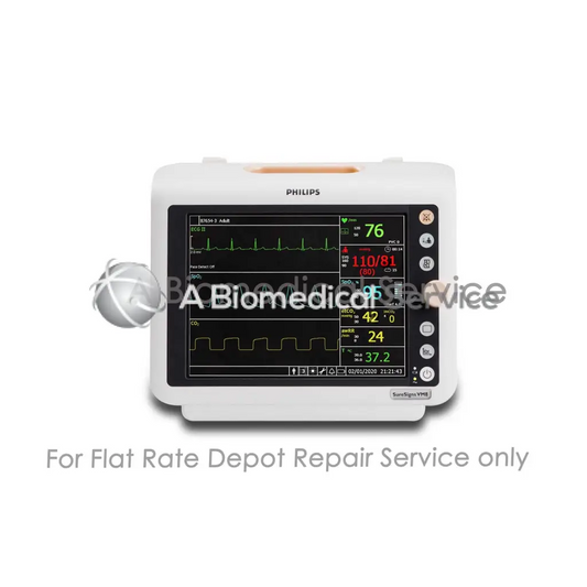 White philips suresigns vm8 patient monitor with black screen showing green and red vital signs for repair service