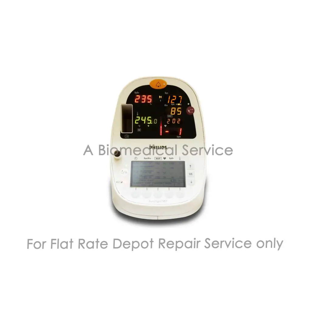 White philips suresigns vs1 bedside monitor with digital display showing red and green readings for repair service of medical equipment