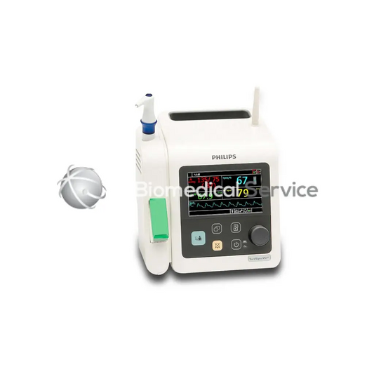 White philips suresigns vs2 patient monitor with digital vital signs display and attached iv line adapter for clinical use