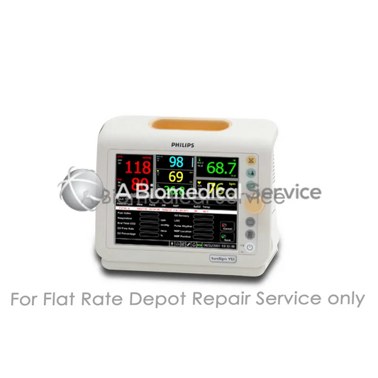 White philips suresigns vs3 patient monitor with colorful digital vital signs display for medical equipment repair service