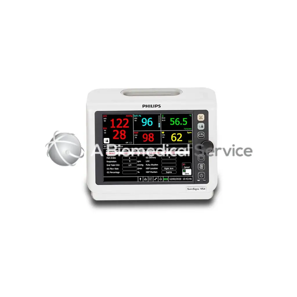 White philips suresigns vs4 nibp monitor with digital display showing vital signs in red green and blue