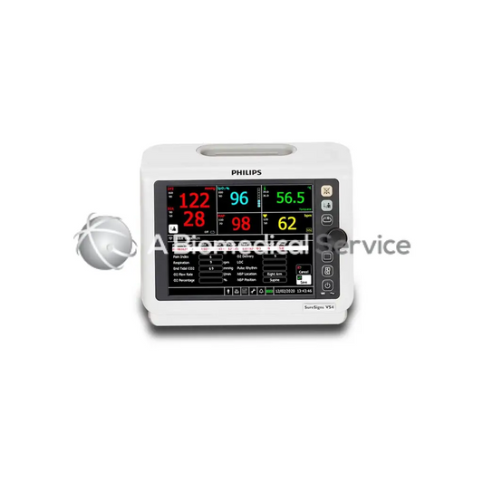 White philips suresigns vs4 nibp monitor with digital display showing vital signs in red green and blue