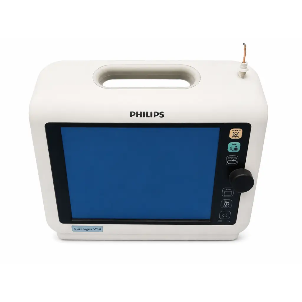 Philips suresigns vs4 biomed certified patient monitor with white case blue screen and black control panel