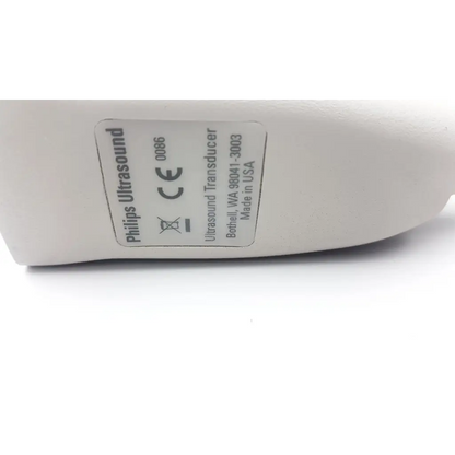 White Philips ultrasound L17-5 array ultrasound transducer with smooth rounded body and printed labeling for diagnostic use