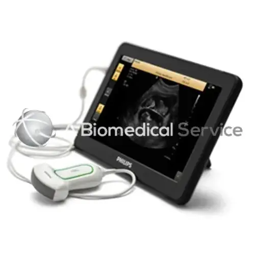 Black Philips VISIQ ultrasound machine with white and gray transducer showing ultrasound image on screen