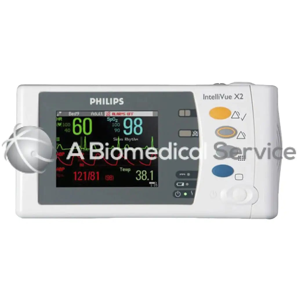 White philips intellivue x2 patient monitor with digital display showing vital signs in green red and blue M3002A option