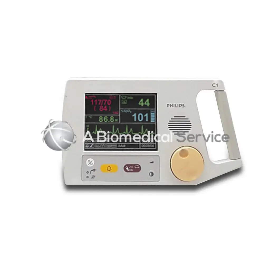 Philips c1 vital signs monitor with white and beige casing and digital display showing patient vital signs