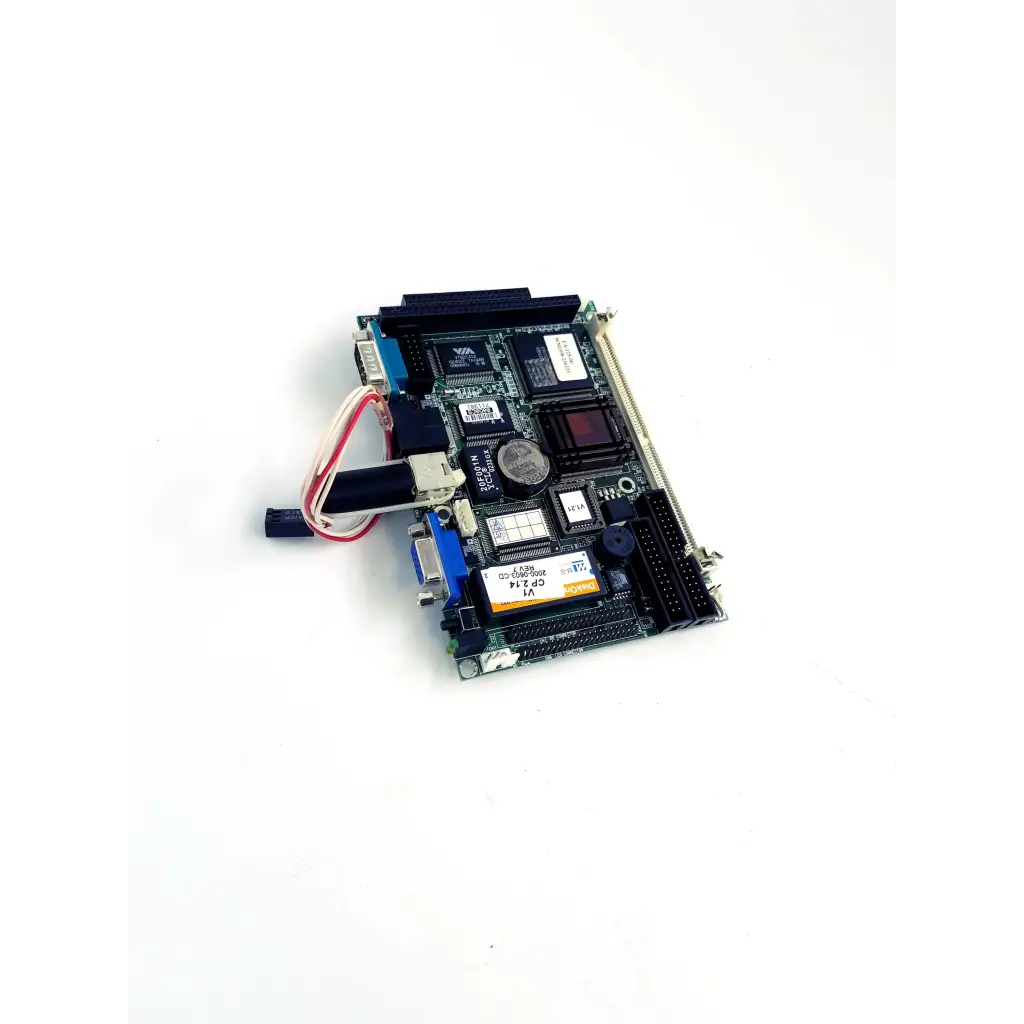 Black and blue phoenixbios d486 circuit board with chips, connectors, and a small red and white cable attached