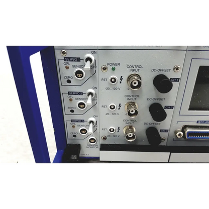 Silver metallic physik instrumente e-501 3 channel servo controller with lvpzt amplifier and labeled control panel switches